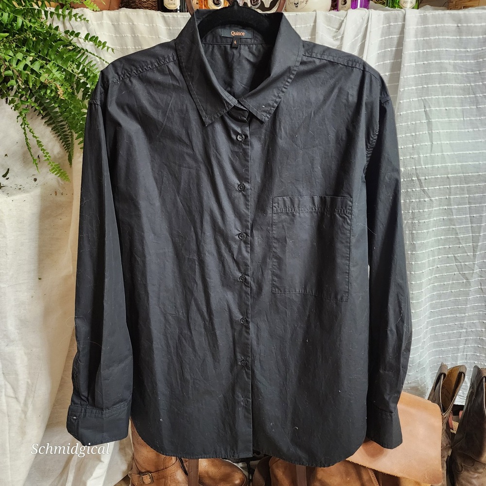 Quince Organic Cotton Poplin Button Down Shirt Black Long Sleeve Large RK001
